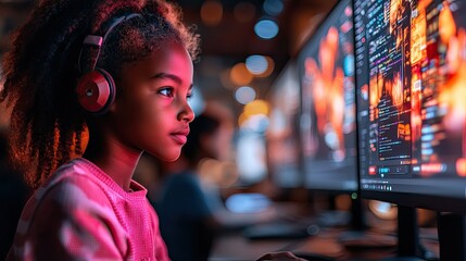 Obraz premium Young Girl Focused On Computer Programming Code