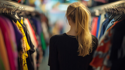 Obraz premium Woman shopping among clothing racks from behind