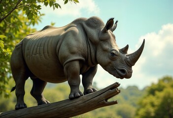Fototapeta premium Rhinos standing on a tree branch against a clear blue sky