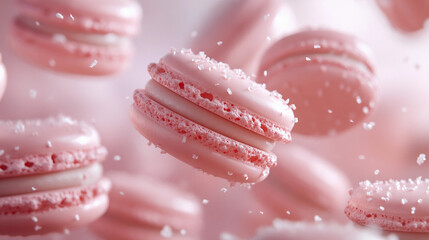 Overhead view of pink macarons on a soft pink background. Generative AI
