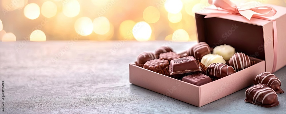 Poster valentine chocolates idea. assorted chocolates in a gift box with a soft background for indulgent mo