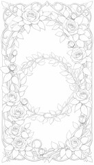 A whimsical floral frame, intricately woven from delicate red roses and lush green leaves, with a circular or rectangular shape, evoking the elegance of a traditional invitation .