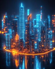 Vibrant holographic cityscape, futuristic skyline with illuminated skyscrapers on a glowing platform, dark urban setting, neon lights, hightech glowing ambiance