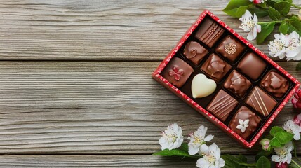 Valentine chocolates idea. A beautifully arranged box of assorted chocolates with floral accents on a wooden surface.