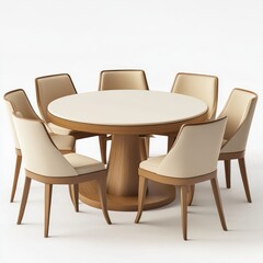 Round dining table with eight beige upholstered chairs.