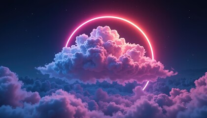 Obraz premium 3d render, abstract clouds illuminated with neon light ring on dark night sky. Glowing geometric shape, round frame. 4k