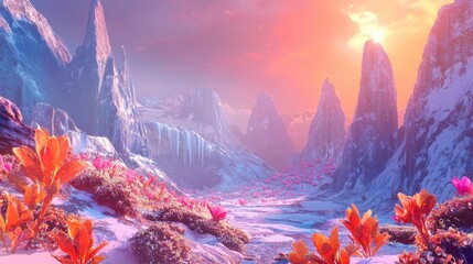 Vibrant Alien Landscape showcases Snow Capped Mountains and Exotic Flora at Sunset