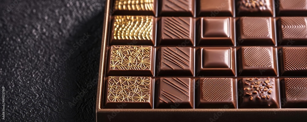 Poster valentine chocolates idea. delicious assortment of chocolate squares with intricate patterns and tex