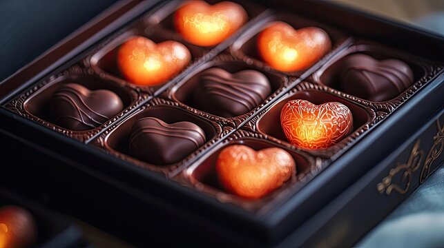 Valentine chocolates idea. A beautifully arranged box of heart-shaped chocolates, perfect for gifting.