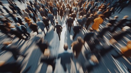 Fototapeta premium Abstract motion blur of a busy crowd of business professionals walking on a city street, symbolizing urban hustle and activity. 