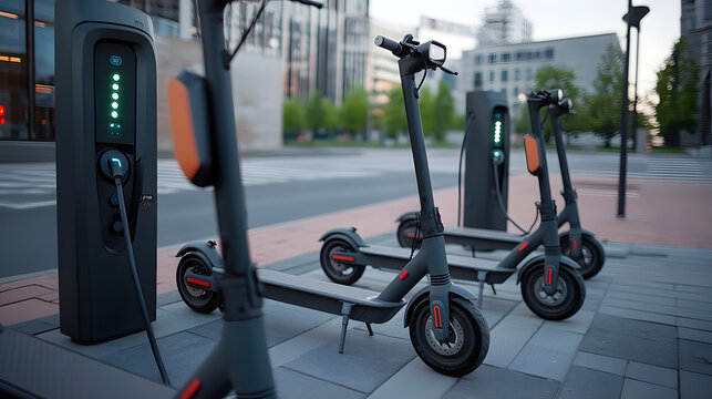 Multiple Electric Scooters Lined Up at Downtown Charging Stations in Modern Urban Environment