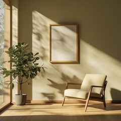 Sunlit room corner with armchair, plant, and blank frame.