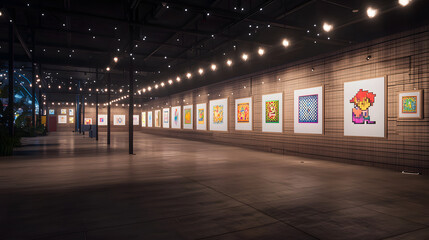 Fototapeta premium Vibrant Pixel Art Gallery Showcasing Unique Bit Designs in a Modern Exhibition Space