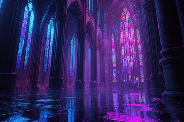 Neon Gothic Cathedral Interior with Stained Glass and Ethereal Light