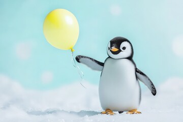 Obraz premium Adorable penguin chick holding a yellow balloon in a snowy landscape. Perfect for children's books, greeting cards, or websites.