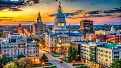 Obraz premium Aerial view of Lansing's urban landscape at sunset; the Michigan Capitol dominates the night skyline.