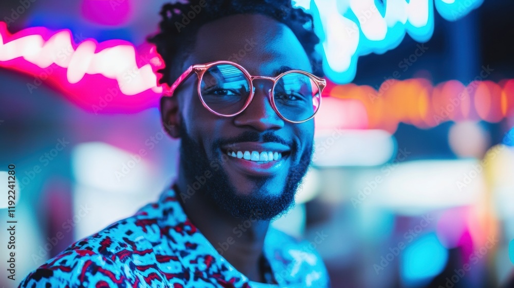 Poster a smiling man sits at a laptop in a colorful environment, engaged in remote work while enjoying the 