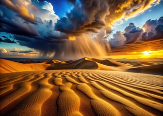Naklejka premium AI-generated macro reveals Desert Storm's hidden detail: rain's delicate dance on sun-scorched sand.
