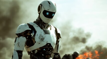 Futuristic Combat Robot in Battle Scene – Advanced AI Mech Warrior with Smoke and Fire in the Background
