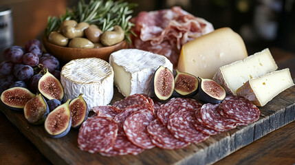Cheese and charcuterie board with figs, olives, and grapes for a gourmet snack experience