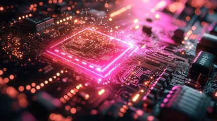 Fototapeta premium Abstract depiction of a glowing microchip circuit.