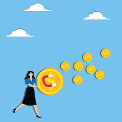 Snowballing, Profit Rolling, Compound Interest, Profit or Interest grows bigger and bigger like a snowball, Investment Opportunities, Traders pushing big gold coins to attract a bunch of small gold co