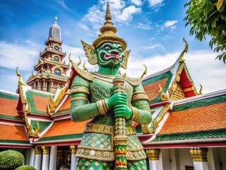 Fototapeta premium Bangkok's iconic Wat Phra Kaew: A majestic Green Giant statue, a landmark photographed worldwide.
