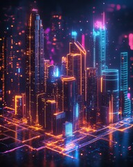 Obraz premium Holographic futuristic city skyline with glowing skyscrapers, detailed illuminated buildings on a glowing platform, dark urban landscape, cyberpunk vibe, neon lights