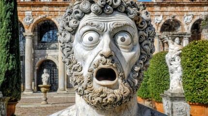 Fototapeta premium Stone Statue with Dramatic Expression in Historic Garden Setting
