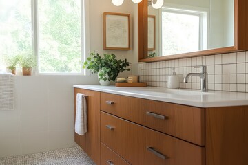 A mid-century modern bathroom featuring iconic fixtures, bold colors, and minimalist decor. Emphasize clean lines, organic shapes, and vibrant accents. 