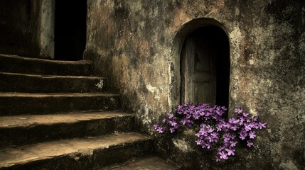 Naklejka premium Vintage Stone Architecture with Beautiful Purple Flowers by Door