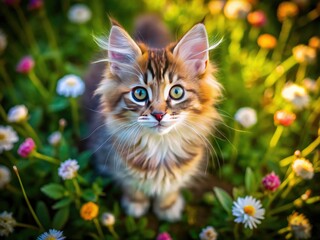 Obraz premium Cute Maine Coon kitten, fluffy and playful, stars in stunning aerial drone photography.