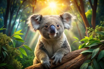 Fototapeta premium Cute koala amidst lush eucalyptus, capturing the beauty of the Australian outback.