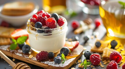 Greek yogurt breakfast with fresh fruits, honey, and crispy toast
