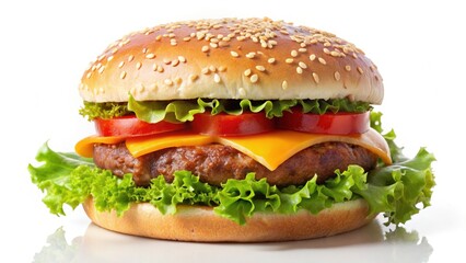 Delicious sesame seed bun burger image.  Beef patty, lettuce, tomato â€” perfect high-res PNG.