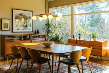 Fototapeta premium A mid-century modern dining room featuring iconic furniture pieces, bold colors, and minimalist decor. 