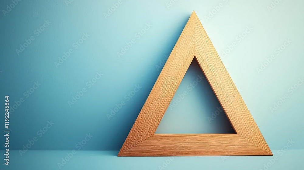 Poster triangle abstract background concept. wooden triangle ruler on a blue background for design and educ