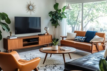 A mid-century modern living room featuring iconic furniture pieces, bold colors, and minimalist decor. Emphasize clean lines, organic shapes,