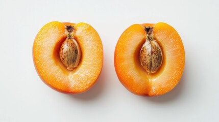 Two halved apricots, showing pits and vibrant orange flesh, on white background.