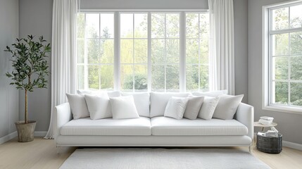 Serene living room ambiance with a white sofa and soft gray walls.