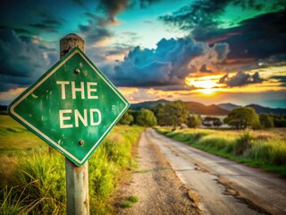 Obraz premium Ending road sign, picturesque rural landscape photo. Nature's beauty unfolds, compositionally balanced using the rule of thirds.