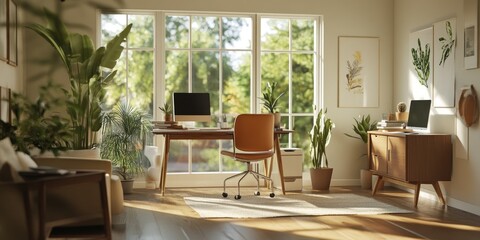 Bright and Airy Home Office with Modern Furniture and Lush Plants in Elegant Design for Productive Work Environment