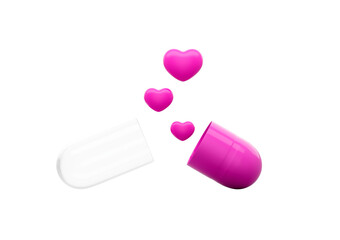 An Open Pink And Transparent Capsule With Three Pink Hearts Pills Spilling Out 3D Illustration
