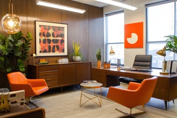 A mid-century modern office featuring iconic furniture pieces, bold colors, and minimalist decor. Emphasize clean lines, organic shapes