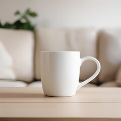 Blank white mug close up mockup on blur living room background.	