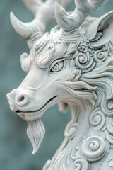 Intricate white sculpture of a mythical creature's head.