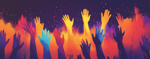 Abstract colorful hands raised in celebration, vector style illustration, unity and association theme, friendship and communityfocused background