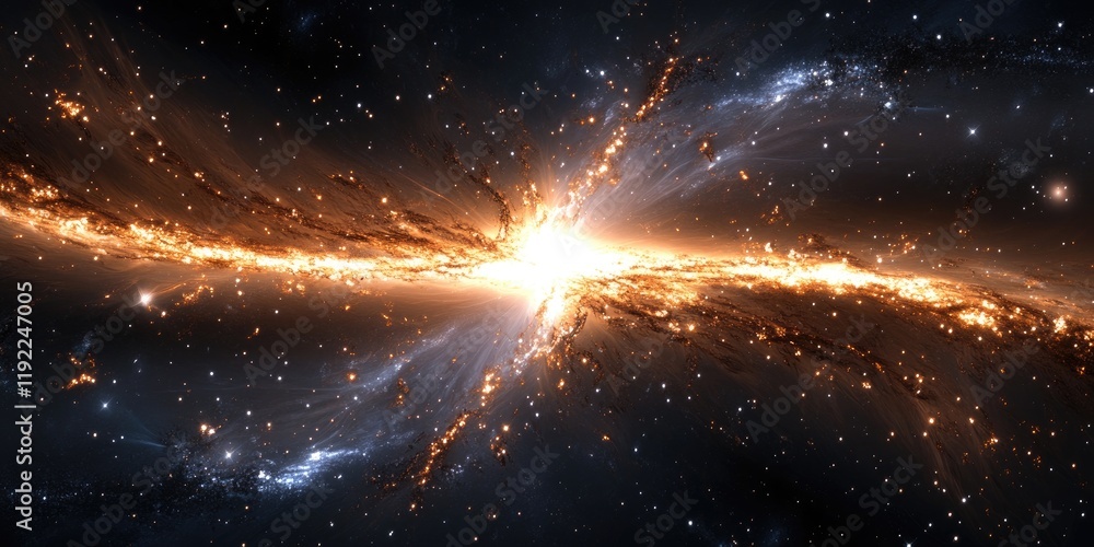 Poster a cosmic bridge between two galaxies, formed by tidal forces, with streams of stars and gas connecti