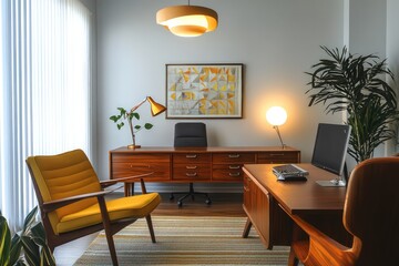 A mid-century modern office featuring iconic furniture pieces, bold colors, and minimalist decor. Emphasize clean lines, organic shapes