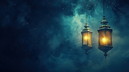 Night sky, hanging lanterns, glowing light, mystical background, Ramadan greeting